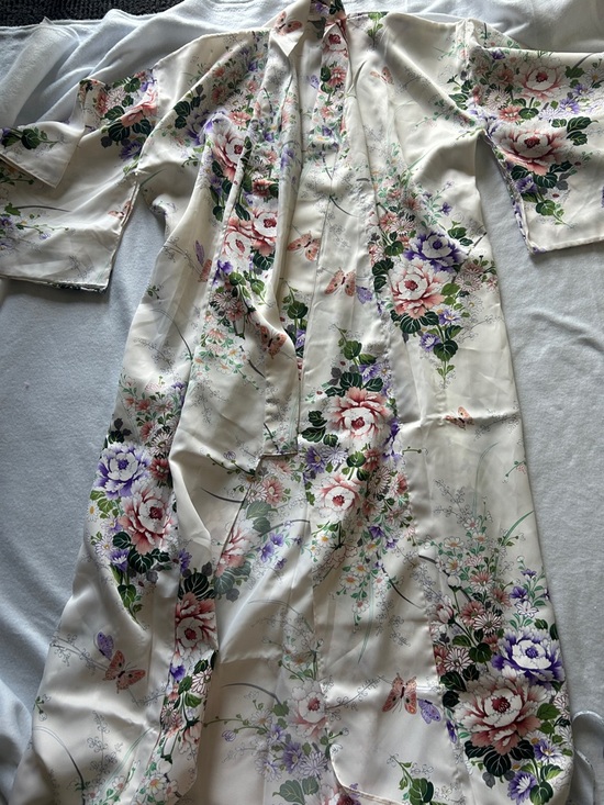 made in Japan Other - Floral Satin Robe in Ivory with Pink & Purple Blooms